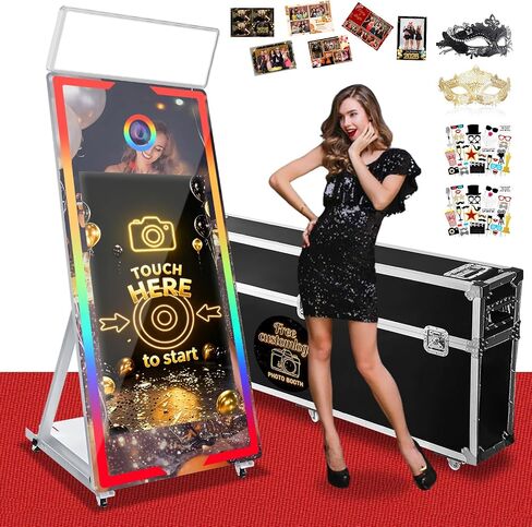 Magic Mirror Photo Booth, 65'' Mirror Photo Booth, 43'' Interactive Touch Screen, with Flight Case, Square Light, Perfect for Weddings, Parties, Events (White, 65-43in) in Kuwait