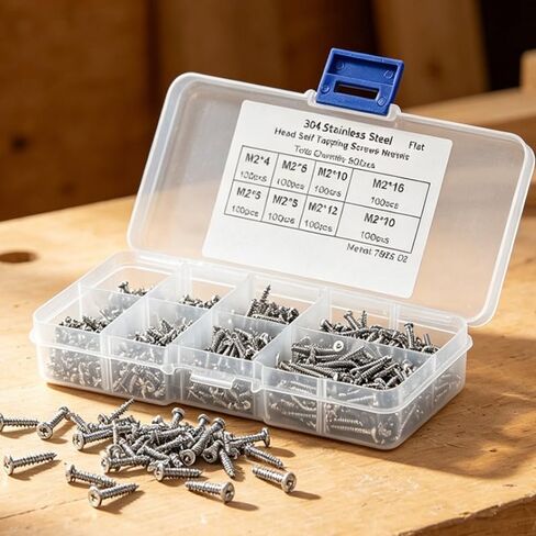 800Pcs 304 Stainless Steel Self Tapping Screws Kit, M2 Flat Head Phillips Screw Assortment Set for Wood Furniture DIY in Kuwait