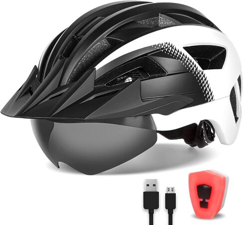 Adult Bike Helmet with Visor and Goggles for Men Women Mountain Road Bicycle Helmet Rechargeable Rear Light Cycling Helmet in Kuwait