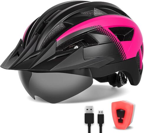 Adult Bike Helmet with Visor and Goggles for Men Women Mountain Road Bicycle Helmet Rechargeable Rear Light Cycling Helmet in Kuwait