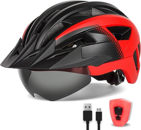 Adult Bike Helmet with Visor and Goggles for Men Women Mountain Road Bicycle Helmet Rechargeable Rear Light Cycling Helmet in Kuwait