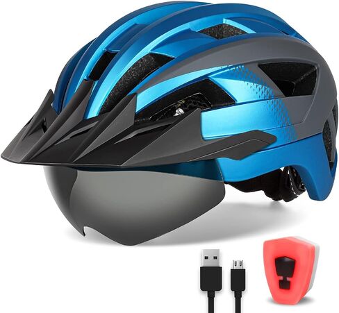 Adult Bike Helmet with Visor and Goggles for Men Women Mountain Road Bicycle Helmet Rechargeable Rear Light Cycling Helmet in Kuwait