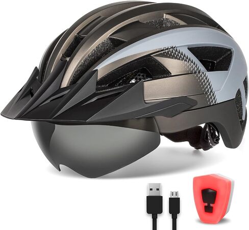 Adult Bike Helmet with Visor and Goggles for Men Women Mountain Road Bicycle Helmet Rechargeable Rear Light Cycling Helmet in Kuwait