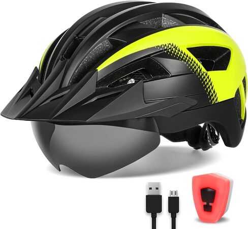 Adult Bike Helmet with Visor and Goggles for Men Women Mountain Road Bicycle Helmet Rechargeable Rear Light Cycling Helmet in Kuwait