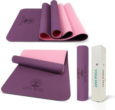 Live Well TPE Yoga Mat Women – Non-Slip Exercise Mat with Strap, Extra Thick 6mm Pink Yoga Mat for Home Workout and Outdoor Use in Kuwait