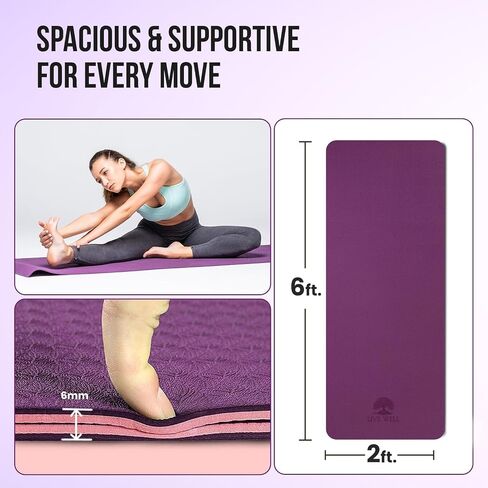 Live Well TPE Yoga Mat Women – Non-Slip Exercise Mat with Strap, Extra Thick 6mm Pink Yoga Mat for Home Workout and Outdoor Use in Kuwait