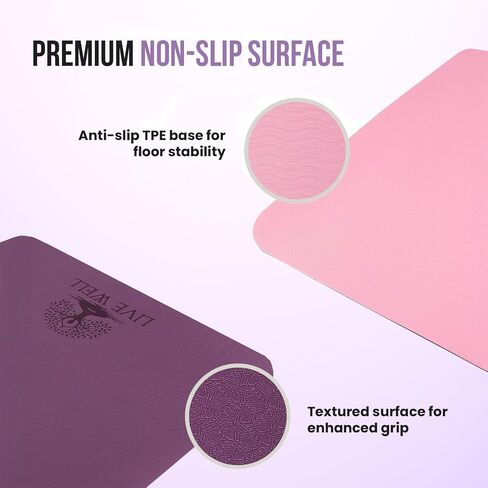 Live Well TPE Yoga Mat Women – Non-Slip Exercise Mat with Strap, Extra Thick 6mm Pink Yoga Mat for Home Workout and Outdoor Use in Kuwait