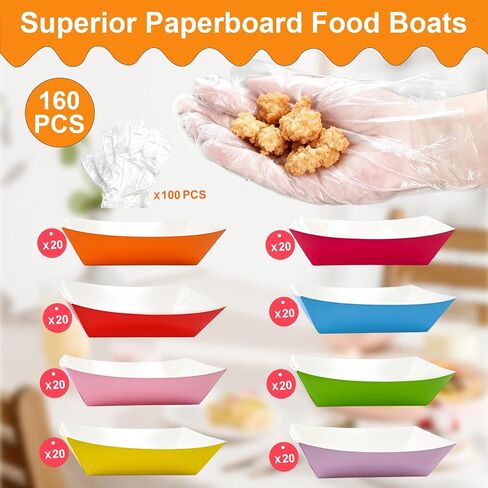 160 Pack Colorful Paper Food Boat Disposable Food Trays Colored Food Serving Boat Tray Basket for Snack Hot Dog Popcorn Sandwich Burger BBQ Party Taco Fries Nacho（8 Colors） in Kuwait
