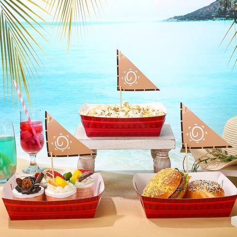24 Pcs Hawaii Party Decorations Ocean Girl Boat Paper Food Trays Sail Boat Popcorn Tray Party Favors Wood Sailing Flag for Summer Aloha Themed Birthday Supplies in Kuwait