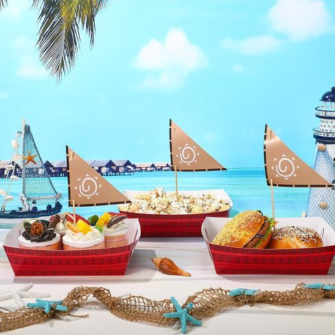24 Pcs Hawaii Party Decorations Ocean Girl Boat Paper Food Trays Sail Boat Popcorn Tray Party Favors Wood Sailing Flag for Summer Aloha Themed Birthday Supplies in Kuwait