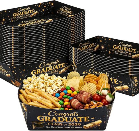 Class of 2026 Graduation Food Trays, 24 Pack Snack Boats for Popcorn, Fries, Chips, Candy and Appetizers, Congrats Grad Party Serving Trays for Dessert Table, Buffet Graduation Party Supplies (Black) in Kuwait
