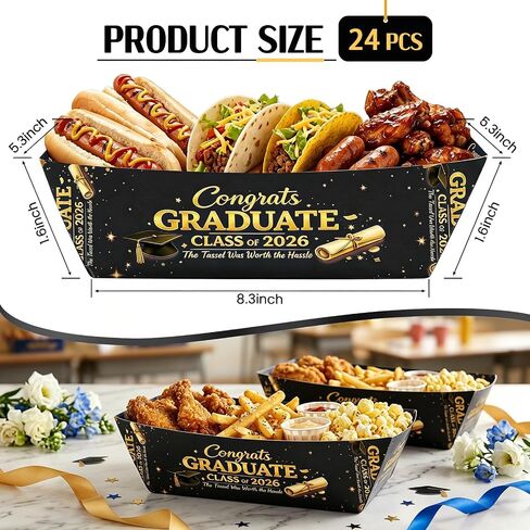 Class of 2026 Graduation Food Trays, 24 Pack Snack Boats for Popcorn, Fries, Chips, Candy and Appetizers, Congrats Grad Party Serving Trays for Dessert Table, Buffet Graduation Party Supplies (Black) in Kuwait