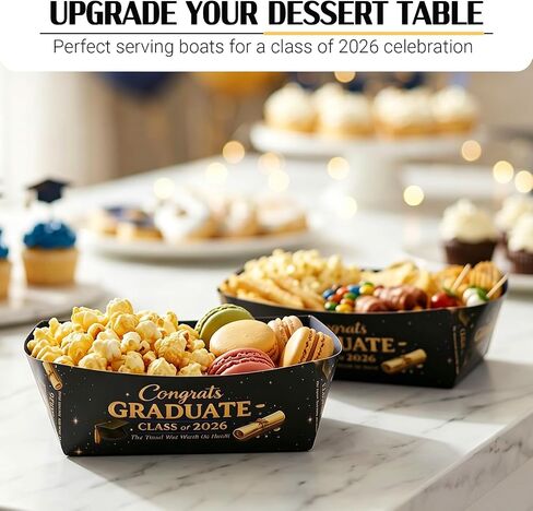 Class of 2026 Graduation Food Trays, 24 Pack Snack Boats for Popcorn, Fries, Chips, Candy and Appetizers, Congrats Grad Party Serving Trays for Dessert Table, Buffet Graduation Party Supplies (Black) in Kuwait