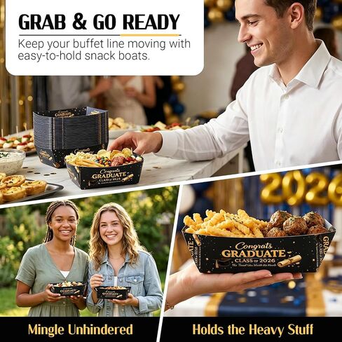 Class of 2026 Graduation Food Trays, 24 Pack Snack Boats for Popcorn, Fries, Chips, Candy and Appetizers, Congrats Grad Party Serving Trays for Dessert Table, Buffet Graduation Party Supplies (Black) in Kuwait