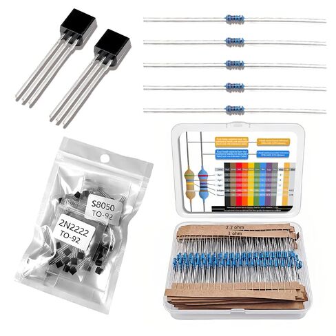 30 Values 600Pcs 1/4W 1% Metal Film 1R-1M ohm Resistor Kit with 10Values 100PCS TO92 Transistors Kit BC337-40 S8050 S8550 2N3906 2N3904 2N5551 2N5401 2N2222A TL431A 2N7000 in Saudi Arabia