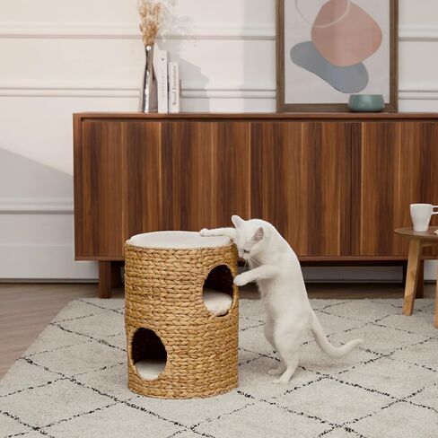 Neith Natural Wicker Seagrass 3-Tier Tower Cat Bed Condo with 3 Removable and Washable Cushions, 17.3" Tall, Tan/Cream in Saudi Arabia