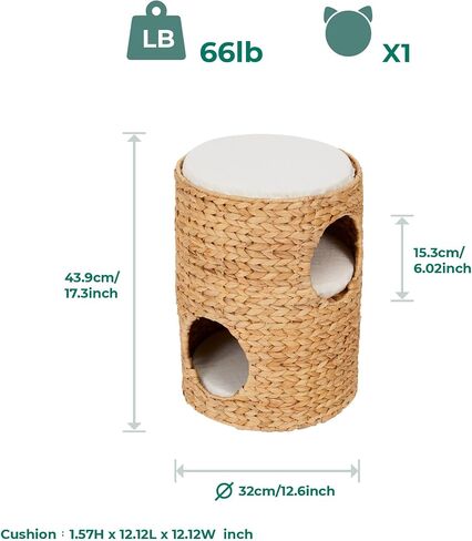 Neith Natural Wicker Seagrass 3-Tier Tower Cat Bed Condo with 3 Removable and Washable Cushions, 17.3" Tall, Tan/Cream in Saudi Arabia