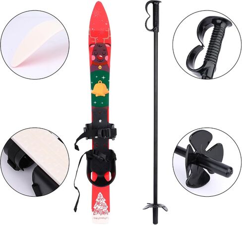 Kids Snowboard and Poles, Low-Resistant Snow Board for Age 4 and Under, Lightweight Sturdy Safe Kids Skiing Equipment, Snow Skis with Christmas Themed Pattern, Adjustable Buckle in Kuwait