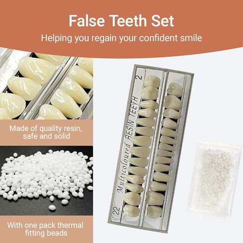 28pcs False Teeth Fake Teeth Synthetic Resin Upper Lower Denture Teeth, Moldable Thermal Fitting Beads, DIY Party Horror Makeup Dental Tooth, 22A2 in Kuwait