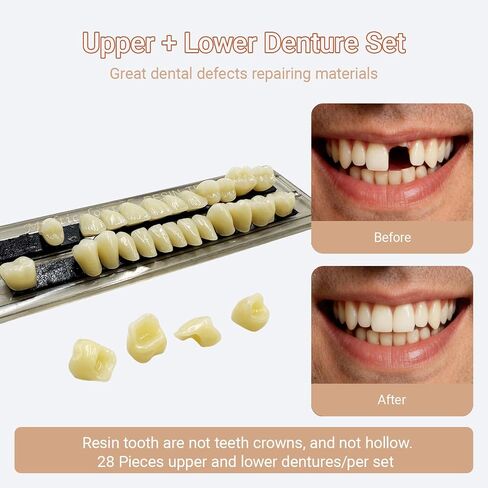28pcs False Teeth Fake Teeth Synthetic Resin Upper Lower Denture Teeth, Moldable Thermal Fitting Beads, DIY Party Horror Makeup Dental Tooth, 22A2 in Kuwait