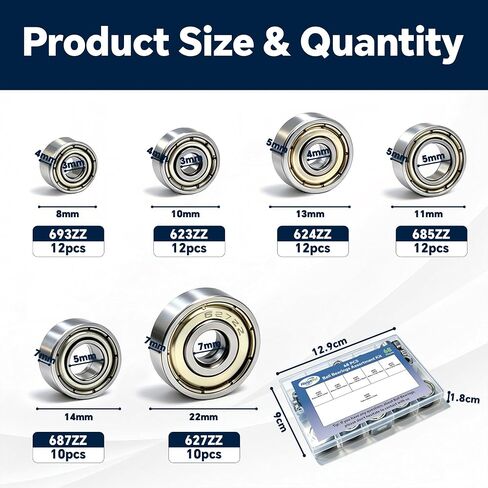 68 Pcs Ball Bearings Assortment Kit 693ZZ/ 623ZZ/ 624ZZ/ 685ZZ/ 687ZZ/ 627ZZ Roller Bearings, Small Bearings Carbon Steel Deep Groove Bearing, for Furniture Wheel, Roller Skates, 3D Printing in Kuwait