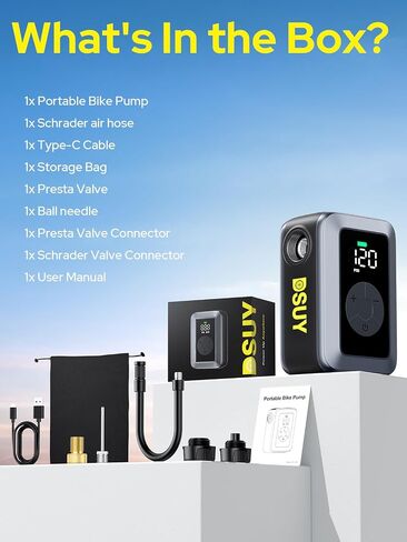 Mini Bike Tire Pump, 120PSI Portable Electric Bicycle Air Pump with Digital Gauge & Auto-Stop, 20s Faster Inflation for Road Bike, Mountain Bike, E-Bike – Presta/Schrader Valve Compatible in Kuwait