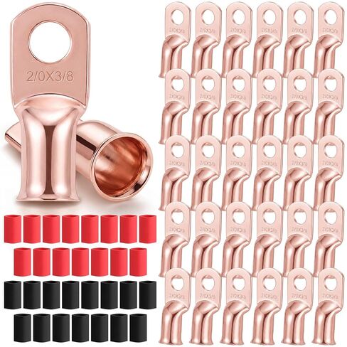 Sabary 30 Pcs 2/0 AWG 3/8" Battery Lugs, Tinned Copper Heavy Duty Ring Terminals, 2/0 Gauge Battery Cable Ends, Terminal Connectors with 15 Red and 15 Black 3: 1 Heat Shrink Tubing in Kuwait