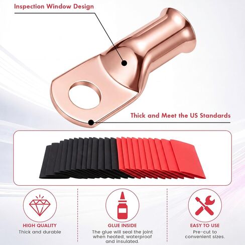 Sabary 30 Pcs 2/0 AWG 3/8" Battery Lugs, Tinned Copper Heavy Duty Ring Terminals, 2/0 Gauge Battery Cable Ends, Terminal Connectors with 15 Red and 15 Black 3: 1 Heat Shrink Tubing in Kuwait