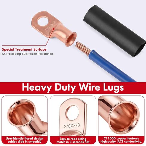 Sabary 30 Pcs 2/0 AWG 3/8" Battery Lugs, Tinned Copper Heavy Duty Ring Terminals, 2/0 Gauge Battery Cable Ends, Terminal Connectors with 15 Red and 15 Black 3: 1 Heat Shrink Tubing in Kuwait