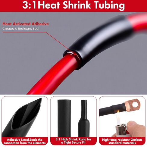 Sabary 30 Pcs 2/0 AWG 3/8" Battery Lugs, Tinned Copper Heavy Duty Ring Terminals, 2/0 Gauge Battery Cable Ends, Terminal Connectors with 15 Red and 15 Black 3: 1 Heat Shrink Tubing in Kuwait