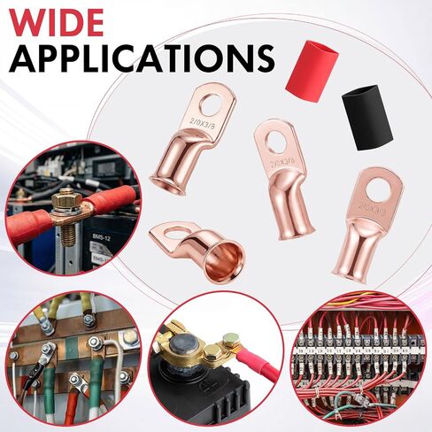 Sabary 30 Pcs 2/0 AWG 3/8" Battery Lugs, Tinned Copper Heavy Duty Ring Terminals, 2/0 Gauge Battery Cable Ends, Terminal Connectors with 15 Red and 15 Black 3: 1 Heat Shrink Tubing in Kuwait