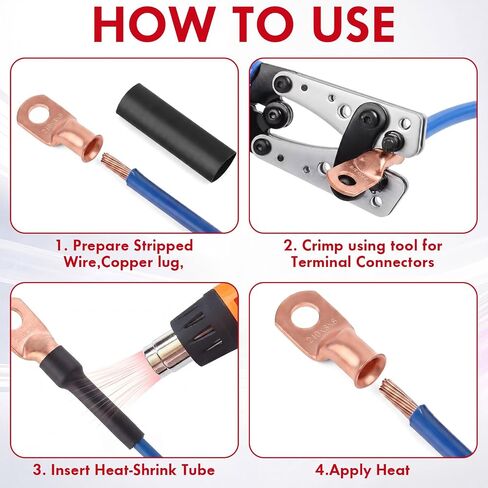 Sabary 30 Pcs 2/0 AWG 3/8" Battery Lugs, Tinned Copper Heavy Duty Ring Terminals, 2/0 Gauge Battery Cable Ends, Terminal Connectors with 15 Red and 15 Black 3: 1 Heat Shrink Tubing in Kuwait