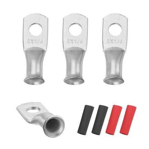 Generic 4pcs 6 AWG M6 Battery Lugs Ring Terminals, 1/4" 6mm Stud Crimp Wire Terminal Connector End Copper, 3:1 Heat Shrink Tubing, Silver in Kuwait