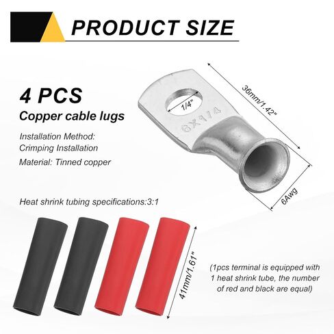 Generic 4pcs 6 AWG M6 Battery Lugs Ring Terminals, 1/4" 6mm Stud Crimp Wire Terminal Connector End Copper, 3:1 Heat Shrink Tubing, Silver in Kuwait