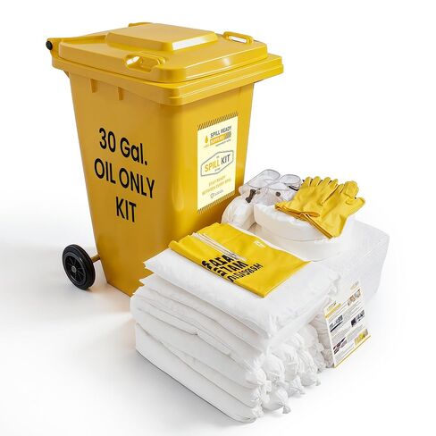 30 Gallon Chemical Spill Kit - Wheeled Drum | Portable Spill Response Kit in 30GAL for Chemical Leak Cleanup | Fast-Absorbing Emergency Kit | 89 Pieces - Includes Chemical Socks, Pads & Pillows | Easy to Store and Quickly Deploy in Kuwait