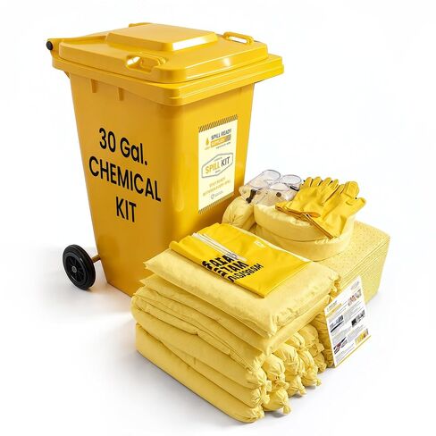 30 Gallon Chemical Spill Kit - Wheeled Drum | Portable Spill Response Kit in 30GAL for Chemical Leak Cleanup | Fast-Absorbing Emergency Kit | 89 Pieces - Includes Chemical Socks, Pads & Pillows | Easy to Store and Quickly Deploy in Kuwait
