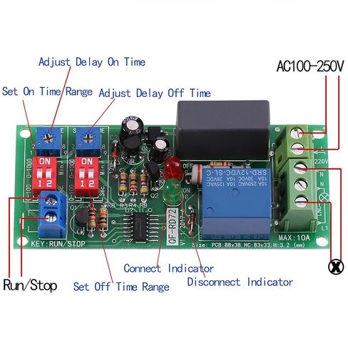 Timer Relay Module, AC100V-250V, Infinite Cycle Timer Delay On/Off Switch, Adjustable 0.5s 1000min, Automatic Operation, Silver Contact, Normally Open, 10A, Screw Mount in Kuwait
