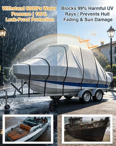 Cholila Premium Marine-Grade, 22-24 FT Waterproof 100%, T Top Boat Cover, 900D Anti-Tear No Fade, Heavy Duty UV, Motor Cover Hard Top for Outdoor Storage, Trailering, All Weather (Dolphin Gray) in Kuwait