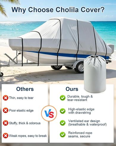 Cholila Premium Marine-Grade, 22-24 FT Waterproof 100%, T Top Boat Cover, 900D Anti-Tear No Fade, Heavy Duty UV, Motor Cover Hard Top for Outdoor Storage, Trailering, All Weather (Dolphin Gray) in Kuwait