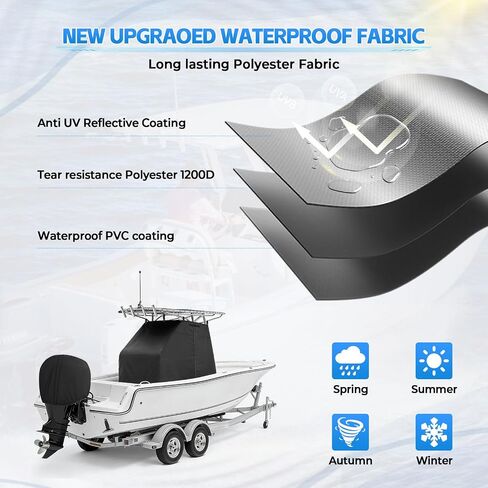 غطاء وحدة التحكم المركزية للقارب 1200D Marine T-Top مع غطاء محرك، غطاء خوذة 2 في 1 وغطاء خارجي، غطاء واقٍ مقاوم للماء والأشعة فوق البنفسجية في جميع الأحوال الجوية، أسود (أسود، 82 بوصة طول × 54 بوصة عرض × 72 بوصة ارتفاع) in Kuwait