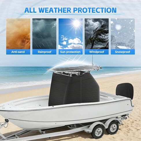 غطاء وحدة التحكم المركزية للقارب 1200D Marine T-Top مع غطاء محرك، غطاء خوذة 2 في 1 وغطاء خارجي، غطاء واقٍ مقاوم للماء والأشعة فوق البنفسجية في جميع الأحوال الجوية، أسود (أسود، 82 بوصة طول × 54 بوصة عرض × 72 بوصة ارتفاع) in Kuwait