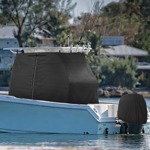 غطاء وحدة التحكم المركزية للقارب 1200D Marine T-Top مع غطاء محرك، غطاء خوذة 2 في 1 وغطاء خارجي، غطاء واقٍ مقاوم للماء والأشعة فوق البنفسجية في جميع الأحوال الجوية، أسود (أسود، 82 بوصة طول × 54 بوصة عرض × 72 بوصة ارتفاع) in Kuwait
