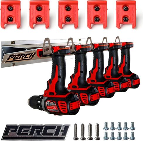 PERCH Tool Holder Rack for Milwaukee M18 18v | Securely Mounts 5 Cordless Tools | Universal Mounting | Most Durable Cordless Tool Organizer, Red in Kuwait