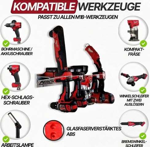 PERCH Tool Holder Rack for Milwaukee M18 18v | Securely Mounts 5 Cordless Tools | Universal Mounting | Most Durable Cordless Tool Organizer, Red in Kuwait