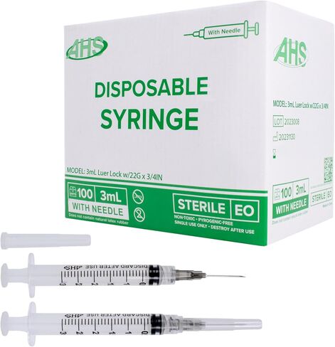 100 Pack, 3mL Pet Syringes with Needle, Luer Lock Syringe, Individually Packaged Animal Use Syringes (3mL, 22G x 3/4in) in Kuwait