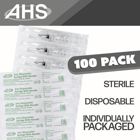 100 Pack, 3mL Pet Syringes with Needle, Luer Lock Syringe, Individually Packaged Animal Use Syringes (3mL, 22G x 3/4in) in Kuwait