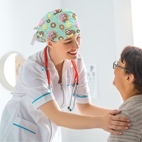 قبعات فرك للنساء، قبعات جراحية للنساء مع حقيبة ذيل حصان وأزرار، قبعات فرك منتفخة مع ربطة عنق للشعر الطويل، حيوان الكسلان لطيف على شكل رسوم متحركة على شكل كعكة حلوة منقطة in Kuwait