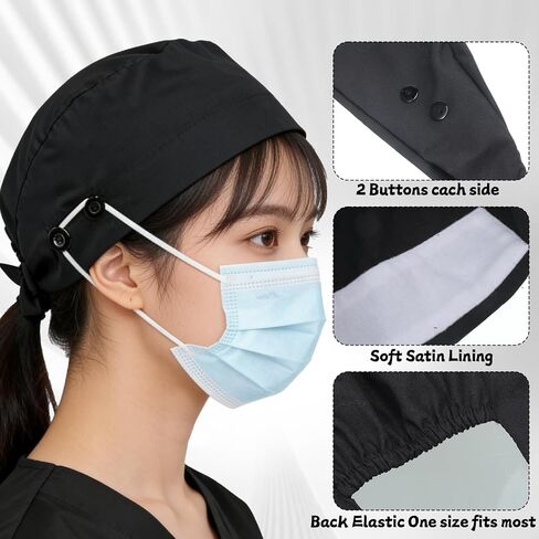 Ptwola Adjustable Working Cap with Button Satin Lined Scrub Cap Elastic Bandage Tie Back Hat Unisex Working Hat Sweatband Gourd-Shaped Work Caps Nurse Hats for Women Men in Kuwait