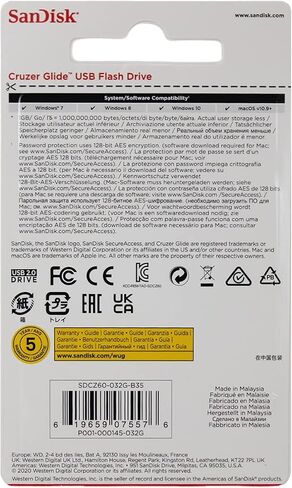 محرك فلاش SanDisk Cruzer Glide USB 2.0 سعة 64 جيجابايت، عبوة خالية من الإحباط - SDCZ60-064G-AFFP in Kuwait
