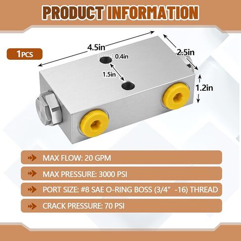 Threlaco Double Pilot Operated Hydraulic Check Valve, #8 SAE Ports, 20 GPM, 3/4"-16 NPT, 26 GPM, 3000 PSI Max, Crack Pressure of 70 PSI, Anodized Aluminum Body in Kuwait